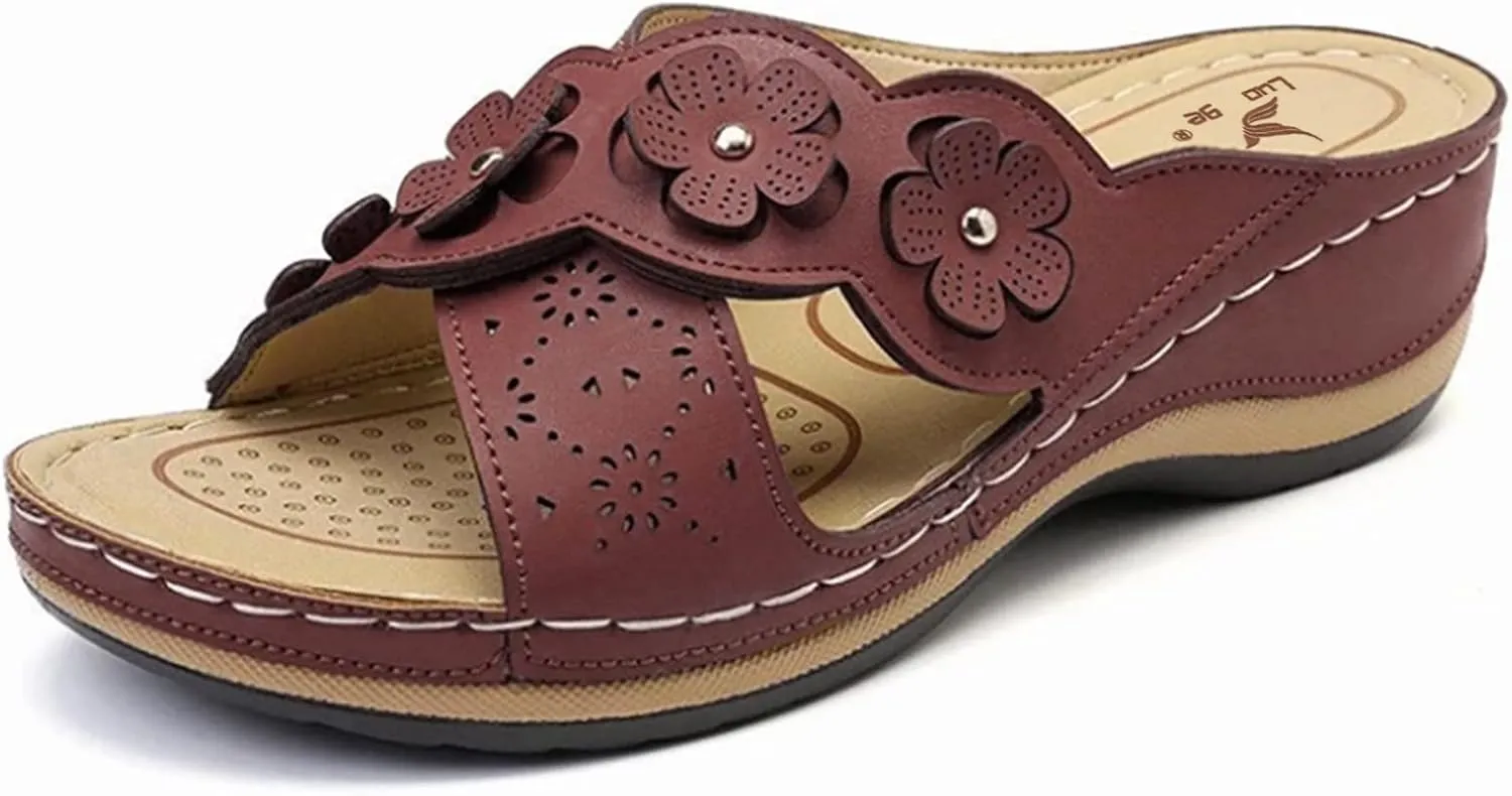 Orthopedic Sandals For Women Womens Comfort Leather Slides Lightweight Wedge Sandals Slip On Casual Walking Slippers with Arch Support Cushion Platform Sandals Dressy Summer