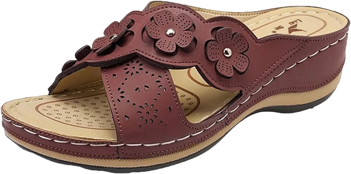 Orthopedic Sandals For Women Womens Comfort Leather Slides Lightweight Wedge Sandals Slip On Casual Walking Slippers with Arch Support Cushion Platform Sandals Dressy Summer