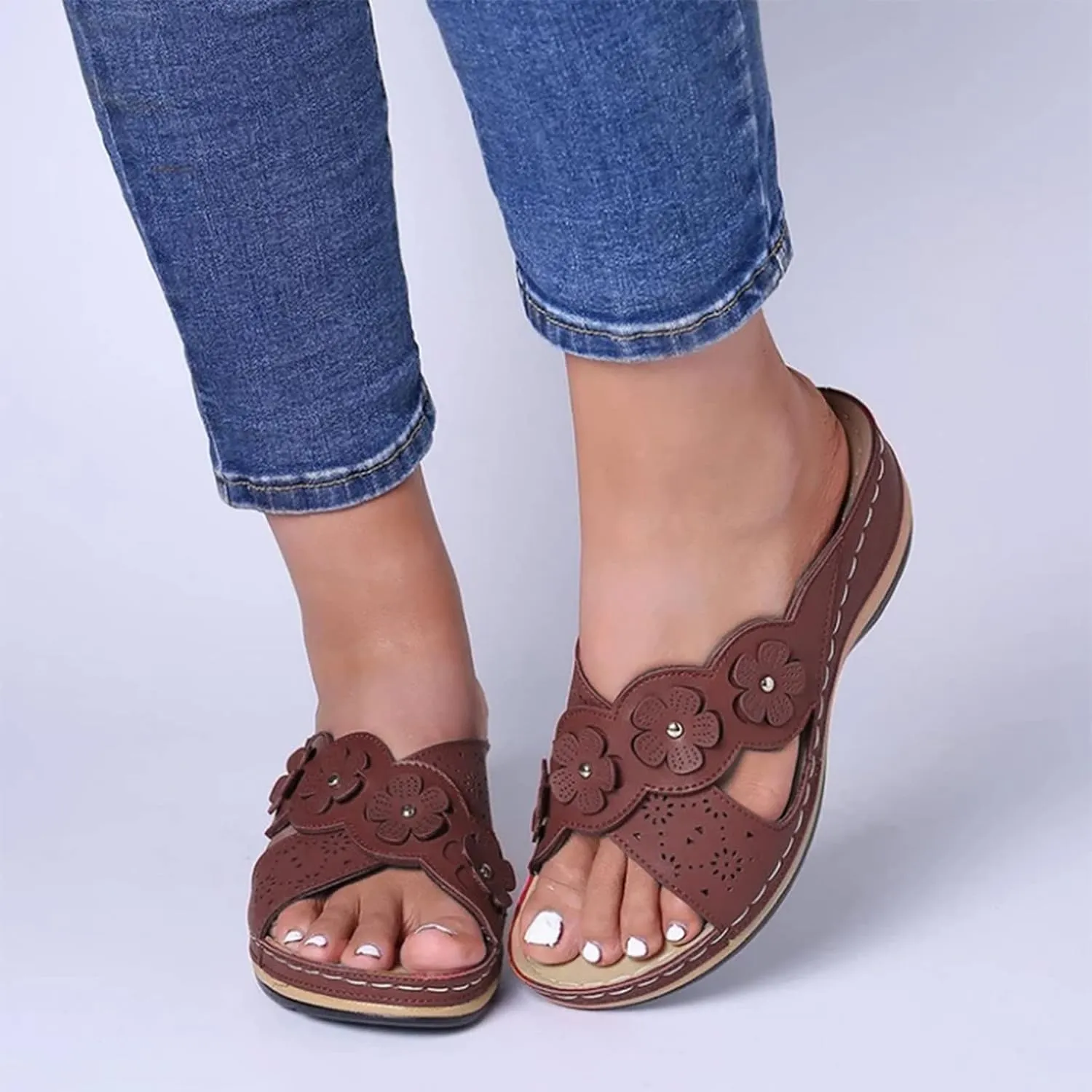 Orthopedic Sandals For Women Womens Comfort Leather Slides Lightweight Wedge Sandals Slip On Casual Walking Slippers with Arch Support Cushion Platform Sandals Dressy Summer