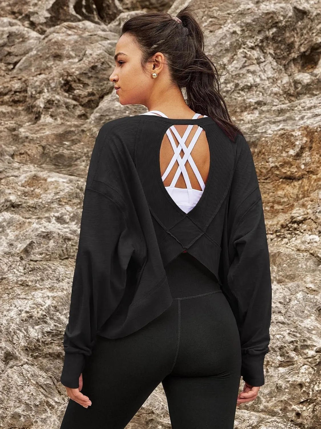 Panadila Womens Open Back Workout Top Long Sleeve Athletic Shirts Casual Crop Running Tee Y2k Yoga