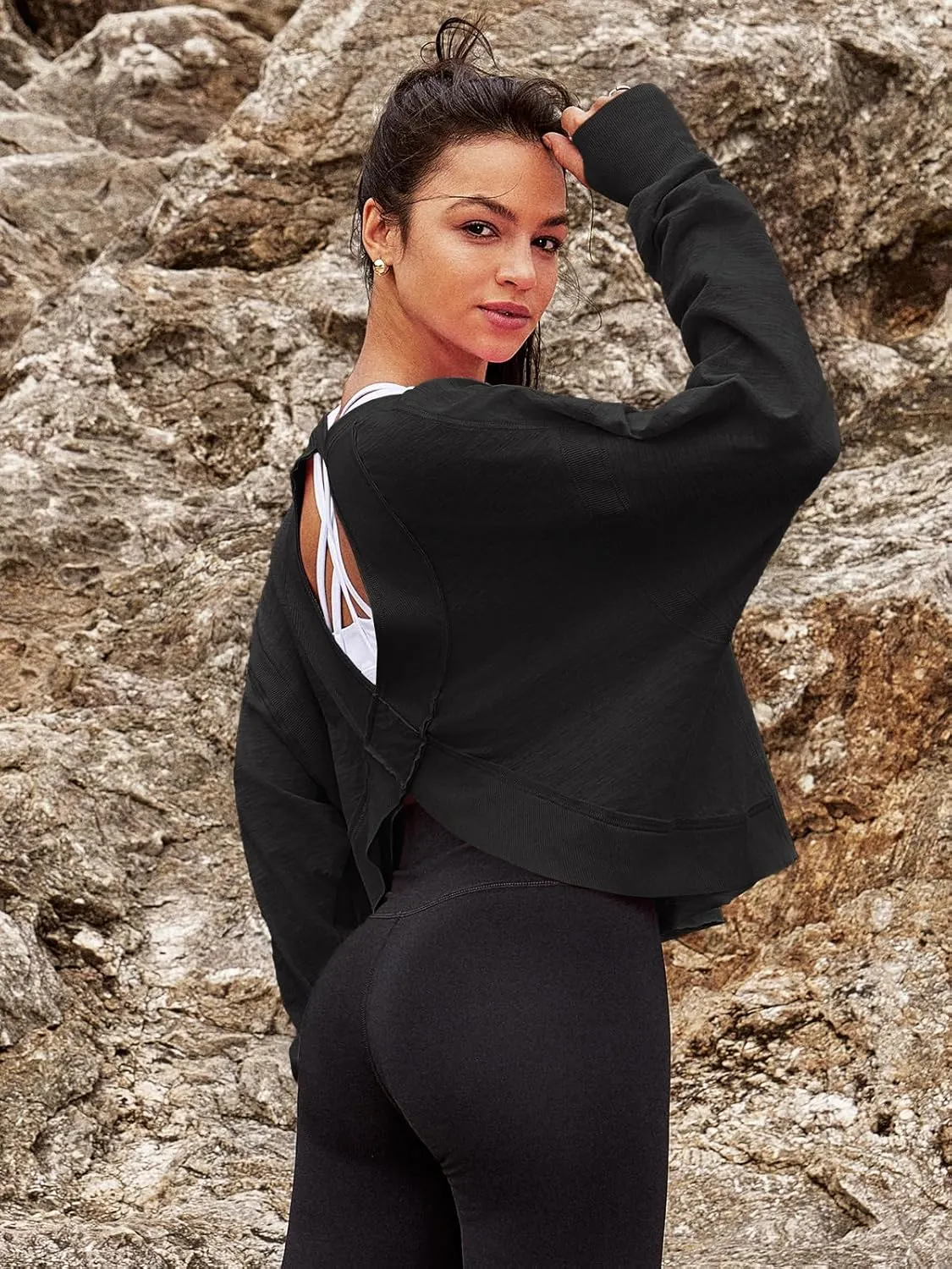Panadila Womens Open Back Workout Top Long Sleeve Athletic Shirts Casual Crop Running Tee Y2k Yoga