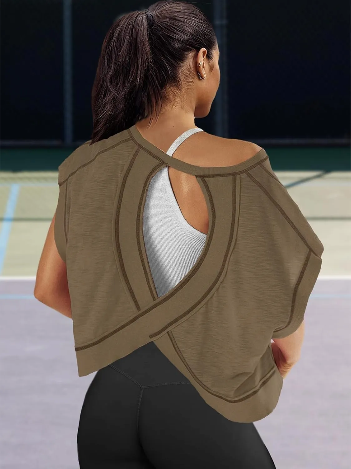 Panadila Womens Open Back Workout Top Oversized Workout T Shirts Backless Athletic Shirt Short Sleeve Baby Tee