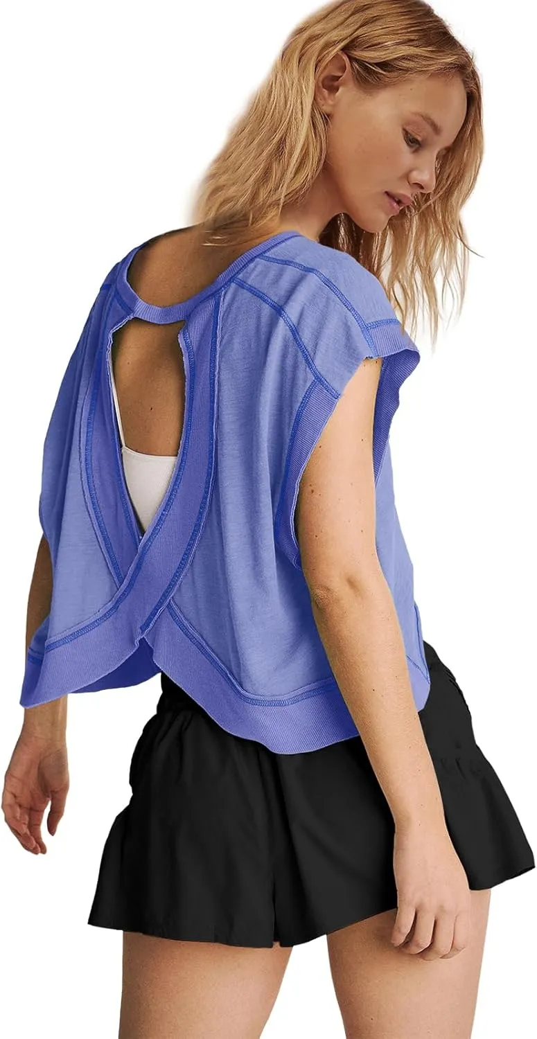 Panadila Womens Open Back Workout Top Oversized Workout T Shirts Backless Athletic Shirt Short Sleeve Baby Tee