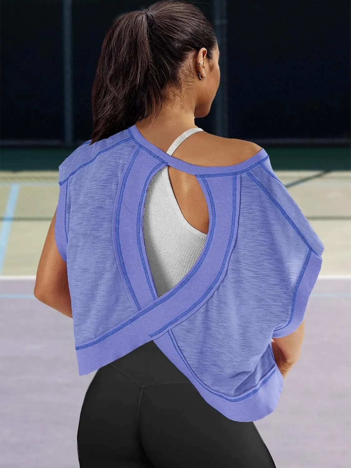 Panadila Womens Open Back Workout Top Oversized Workout T Shirts Backless Athletic Shirt Short Sleeve Baby Tee