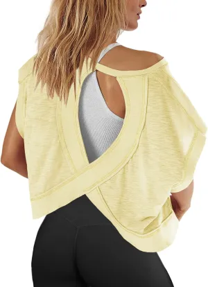 Panadila Womens Open Back Workout Top Oversized Workout T Shirts Backless Athletic Shirt Short Sleeve Baby Tee