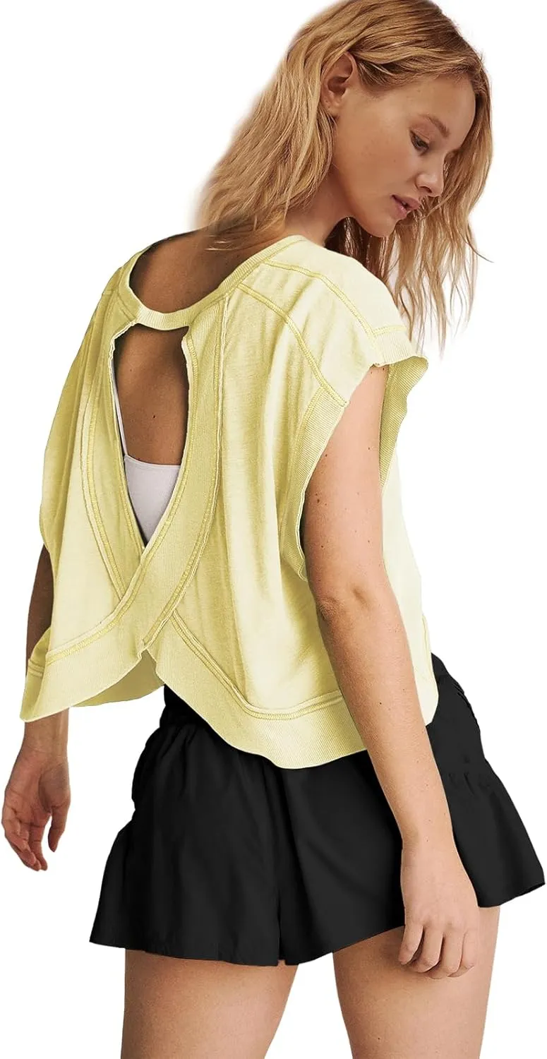 Panadila Womens Open Back Workout Top Oversized Workout T Shirts Backless Athletic Shirt Short Sleeve Baby Tee