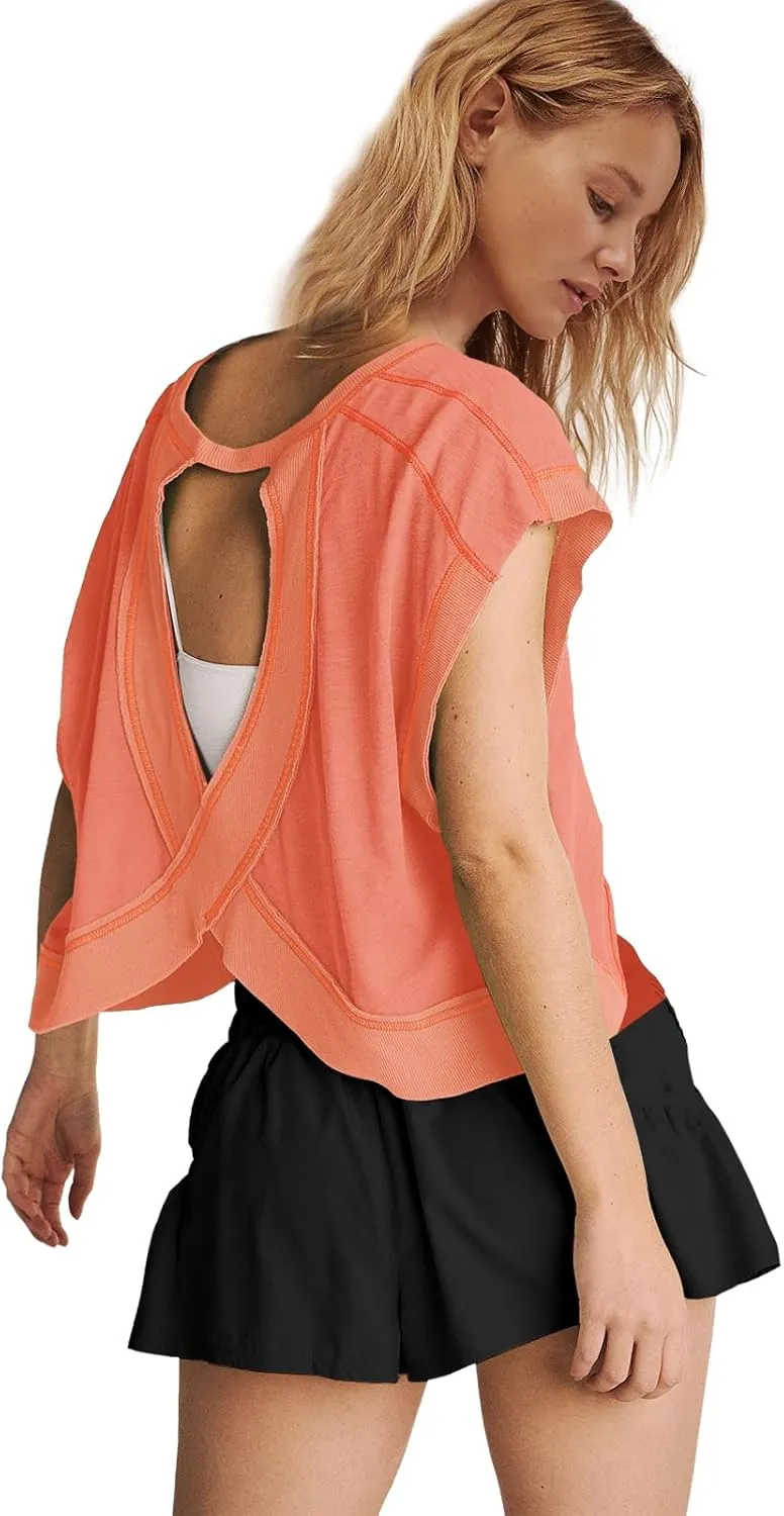 Panadila Womens Open Back Workout Top Oversized Workout T Shirts Backless Athletic Shirt Short Sleeve Baby Tee