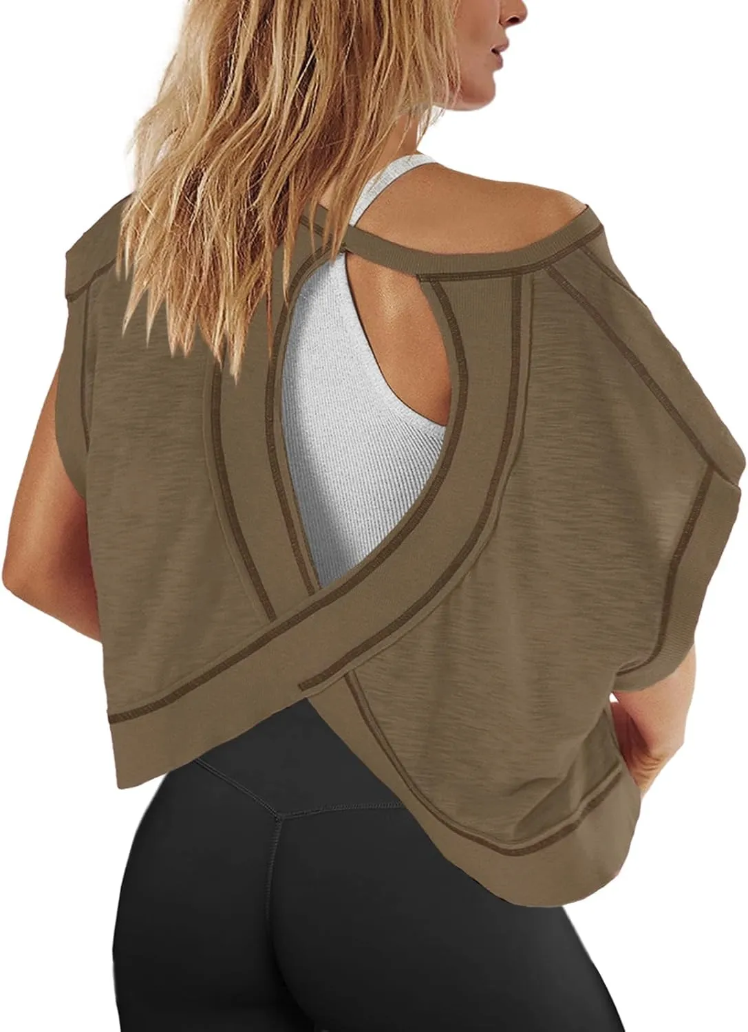 Panadila Womens Open Back Workout Top Oversized Workout T Shirts Backless Athletic Shirt Short Sleeve Baby Tee