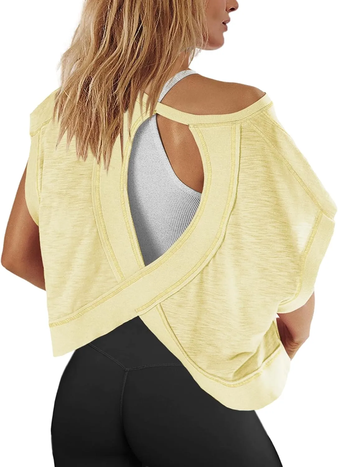 Panadila Womens Open Back Workout Top Oversized Workout T Shirts Backless Athletic Shirt Short Sleeve Baby Tee