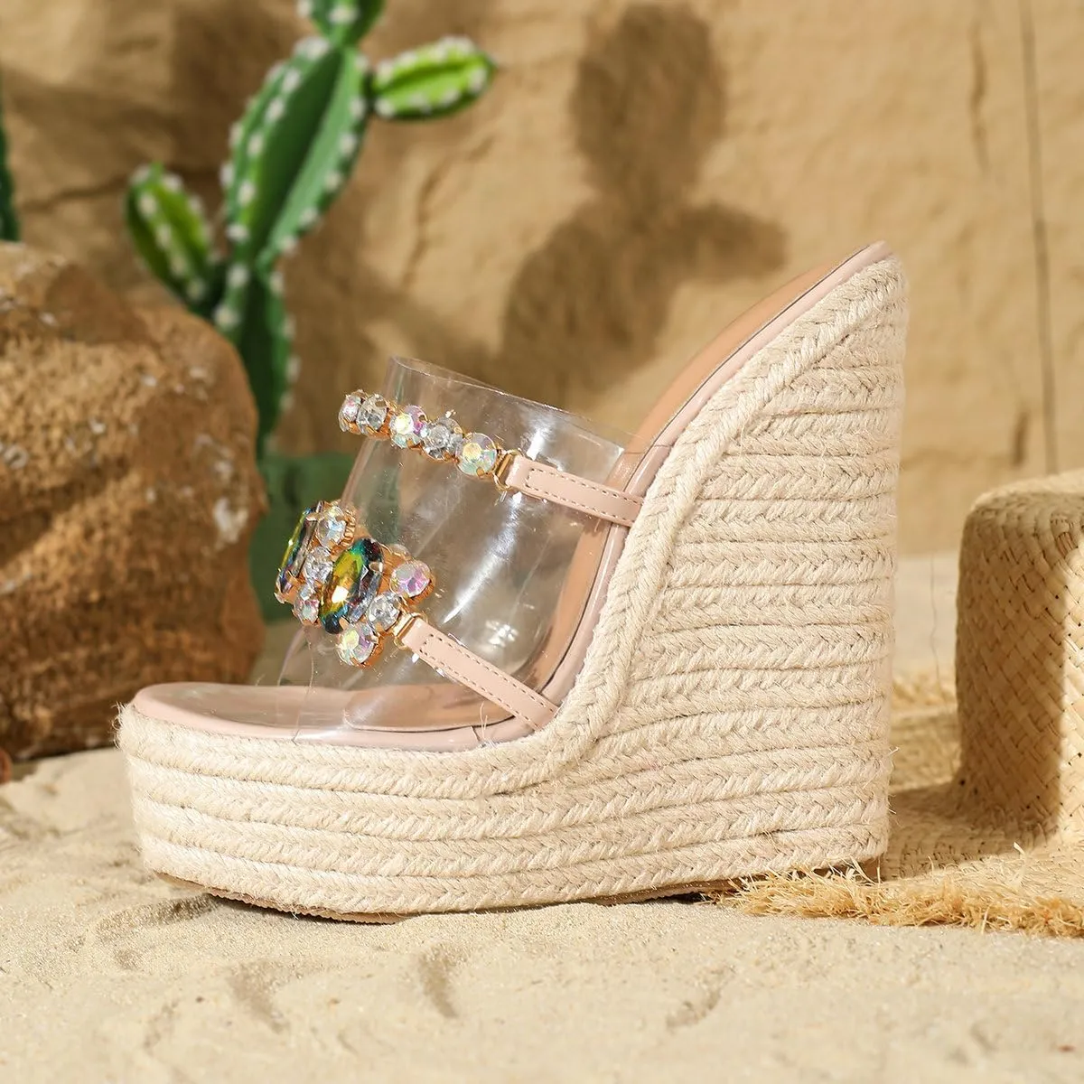 Parisuit Women's Espadrille Platform Wedge Sandals High Heels Rhinestone Clear Slide Sandals Peep Toe Boho Beach Shoes