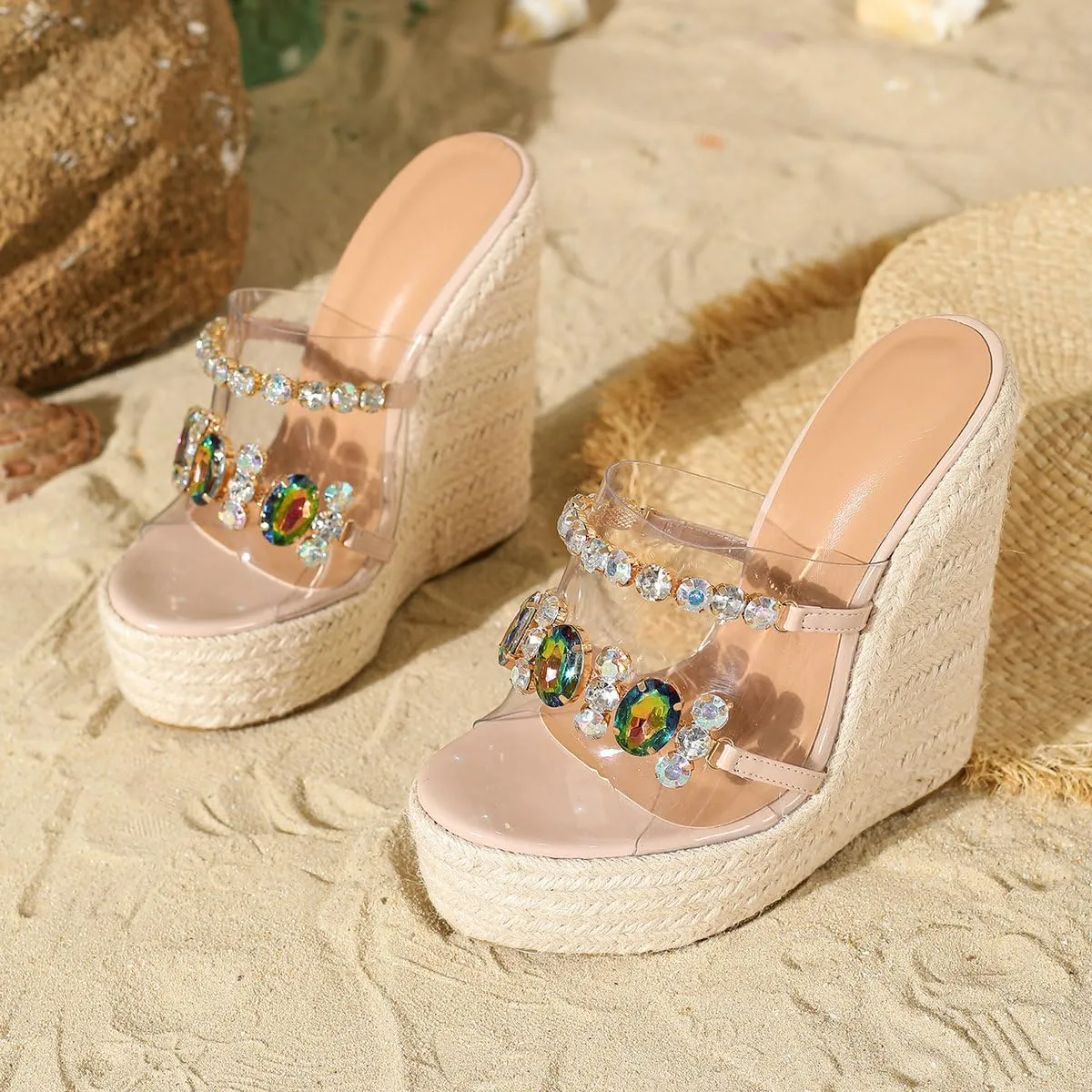 Parisuit Women's Espadrille Platform Wedge Sandals High Heels Rhinestone Clear Slide Sandals Peep Toe Boho Beach Shoes