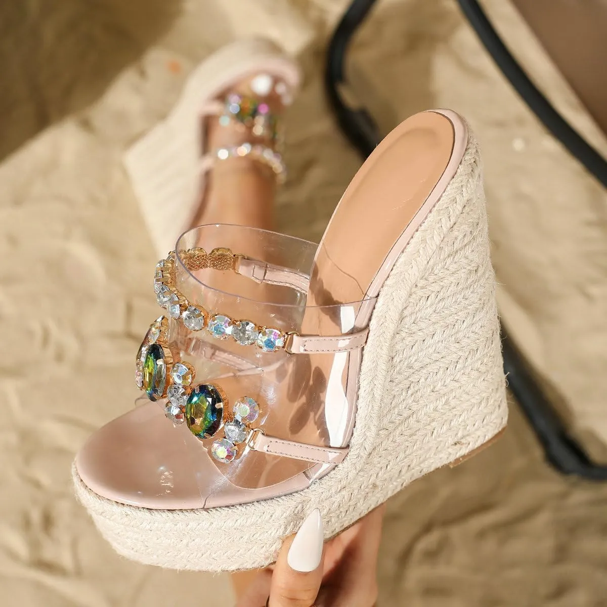 Parisuit Women's Espadrille Platform Wedge Sandals High Heels Rhinestone Clear Slide Sandals Peep Toe Boho Beach Shoes