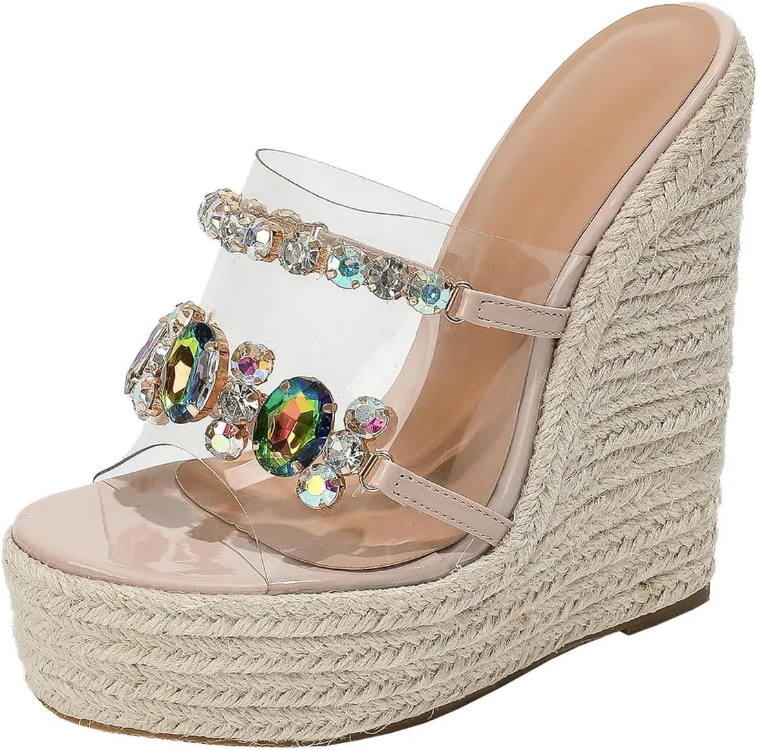 Parisuit Women's Espadrille Platform Wedge Sandals High Heels Rhinestone Clear Slide Sandals Peep Toe Boho Beach Shoes