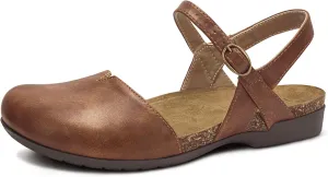 PARTY Closed Toe Sandals Women, Barefoot Arch Support Flat Sandals for Office Work and Travel with Comfortable Cork Footbed