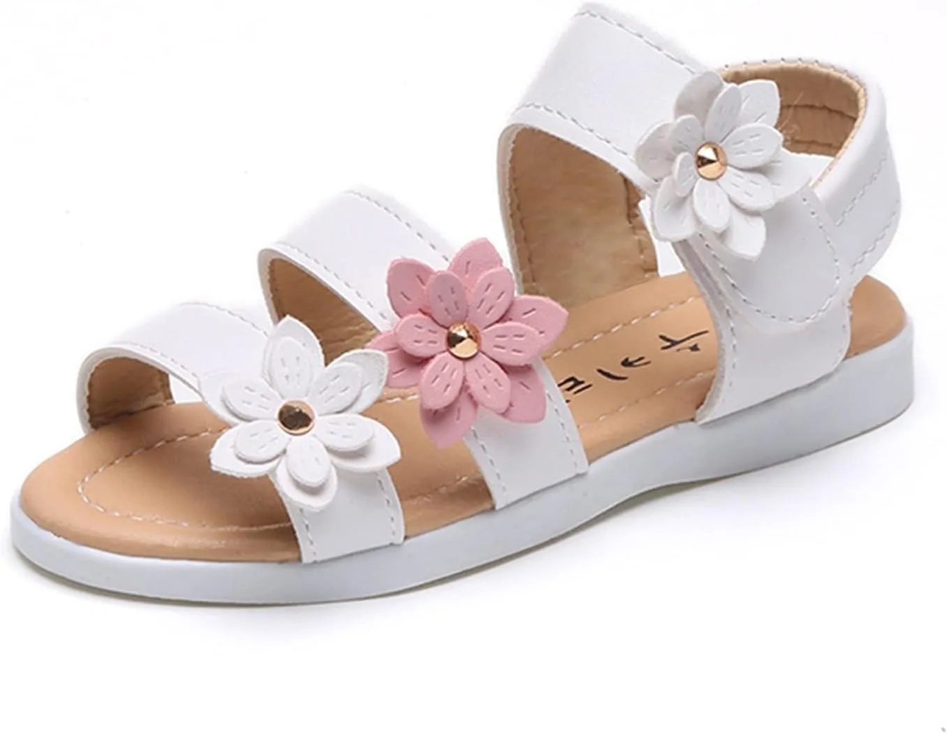 PATPAT Girls Sandals - Flower Design, Open Toe, Flat, Casual - White, Pink, Yellow - Toddler/Little Kid/Big Kid