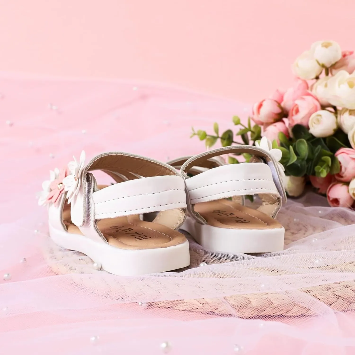 PATPAT Girls Sandals - Flower Design, Open Toe, Flat, Casual - White, Pink, Yellow - Toddler/Little Kid/Big Kid
