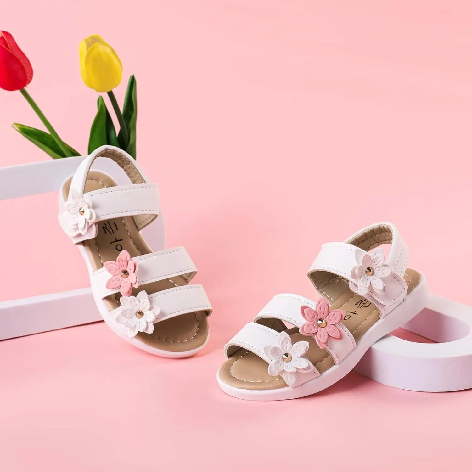 PATPAT Girls Sandals - Flower Design, Open Toe, Flat, Casual - White, Pink, Yellow - Toddler/Little Kid/Big Kid
