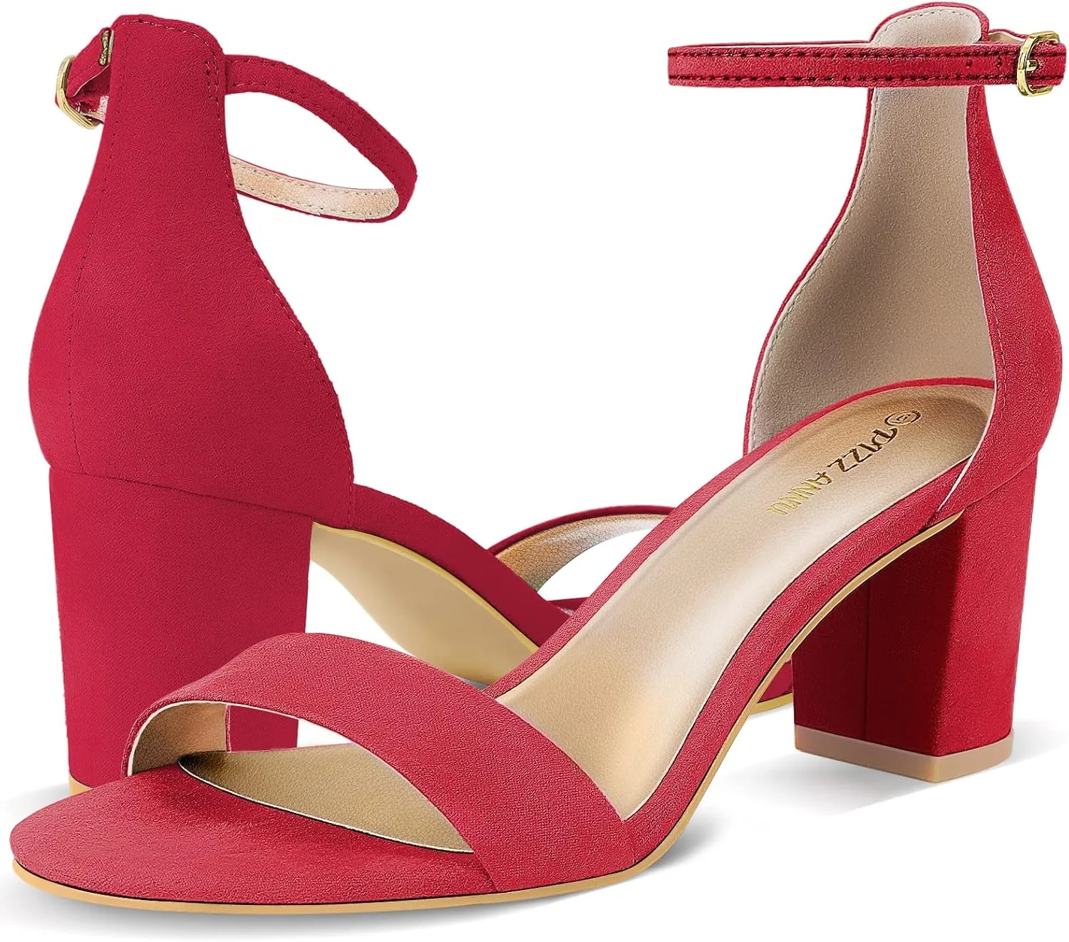 PIZZ ANNU Women's Open Toe Ankle Strap Low Block Chunky Heels Sandals Party Dress Pumps Shoes Strappy Buckle Sandals with 2.6" Tall Thick Heel Design