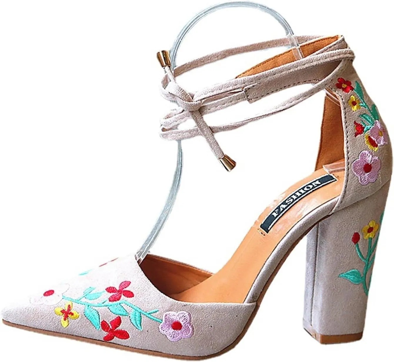 Pointed Toe Floral Embroidered Backless High Heel Fashion Slip On Ankle Strap Chunky Heels Shoe Boho Single Pumps Sandals for Dinner Party Bridesmaids