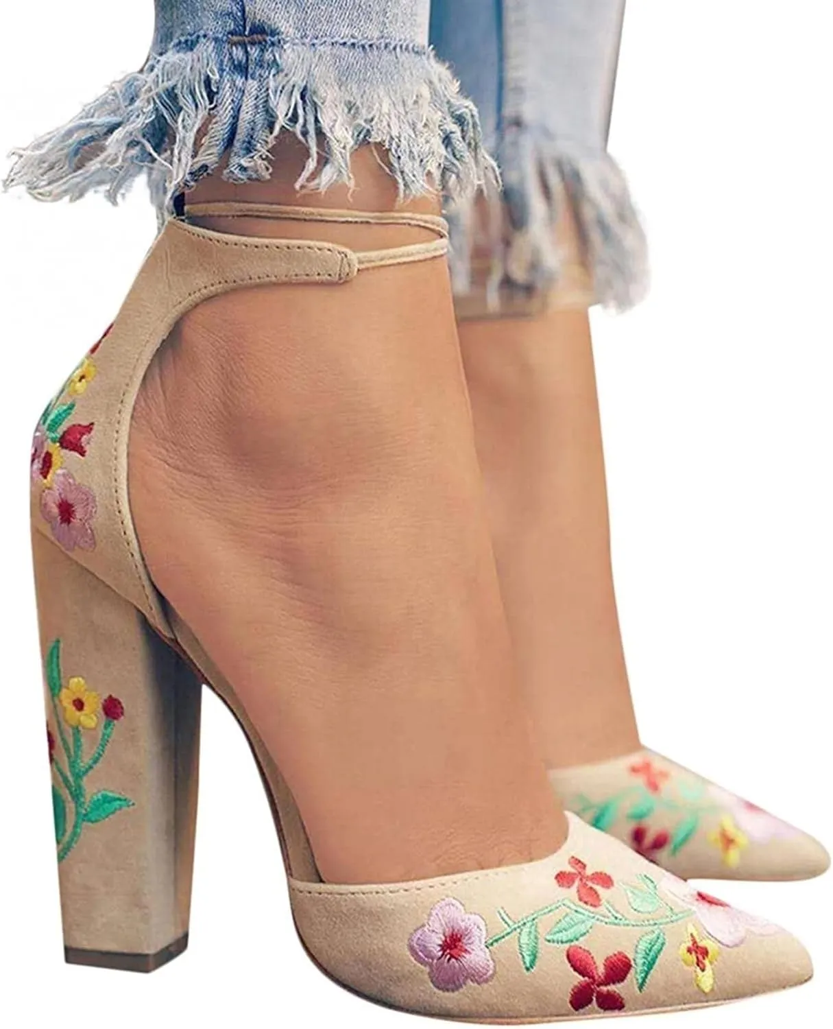 Pointed Toe Floral Embroidered Backless High Heel Fashion Slip On Ankle Strap Chunky Heels Shoe Boho Single Pumps Sandals for Dinner Party Bridesmaids