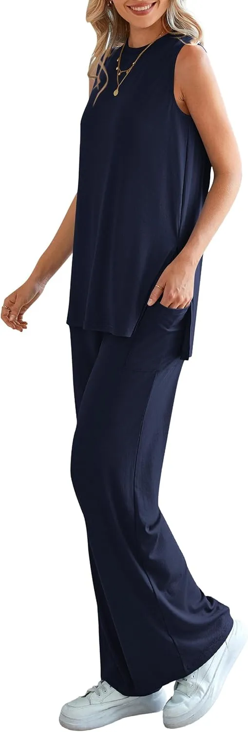 PRETTYGARDEN Women's 2 Piece Lounge Set 2025 Summer Casual Loose Tank Top Wide Leg Pants Matching Travel Outfits Tracksuit