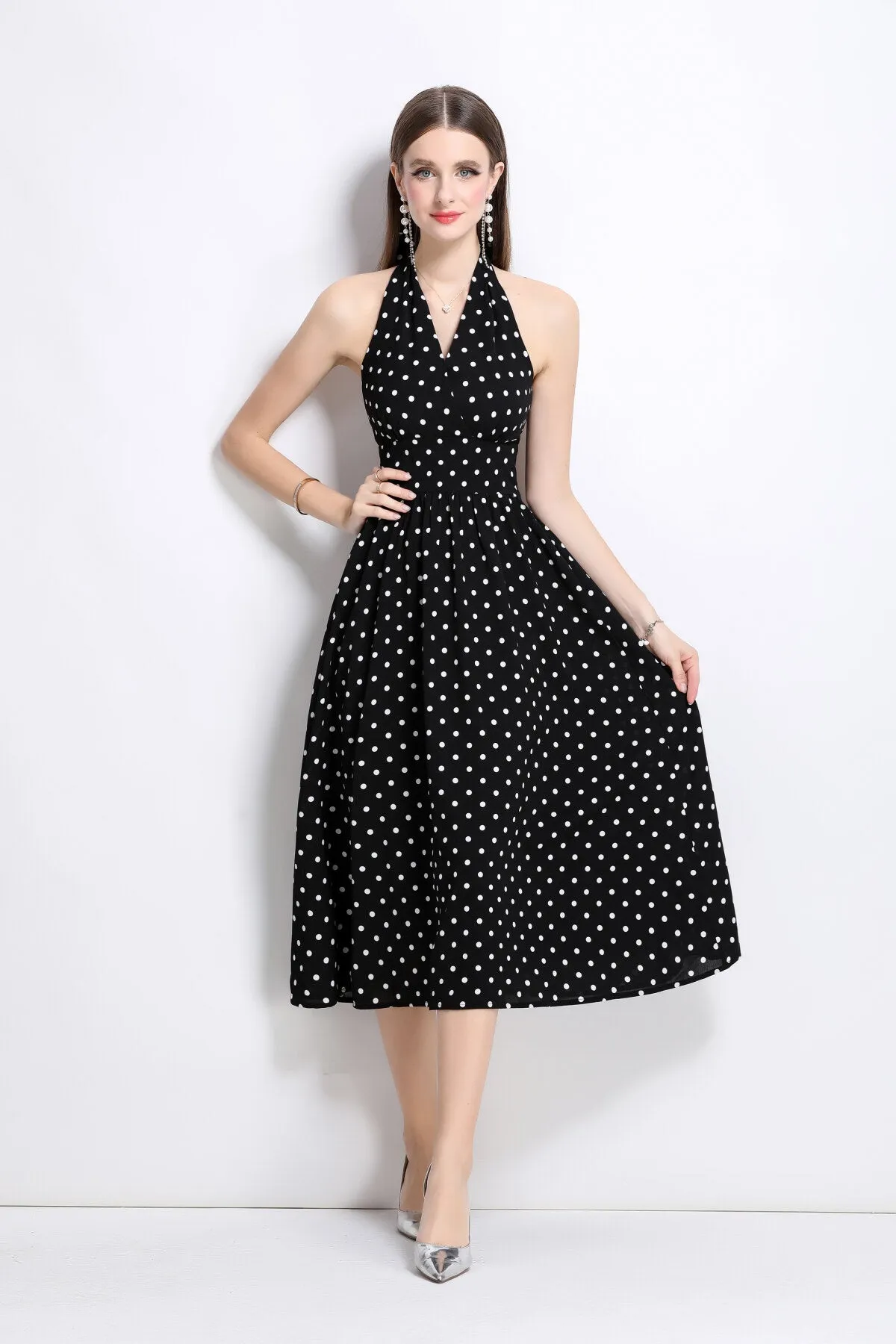 Price drop Polka Fitted Maxi Deadline-driven Dot Dress Vintage Halter Sleeveless