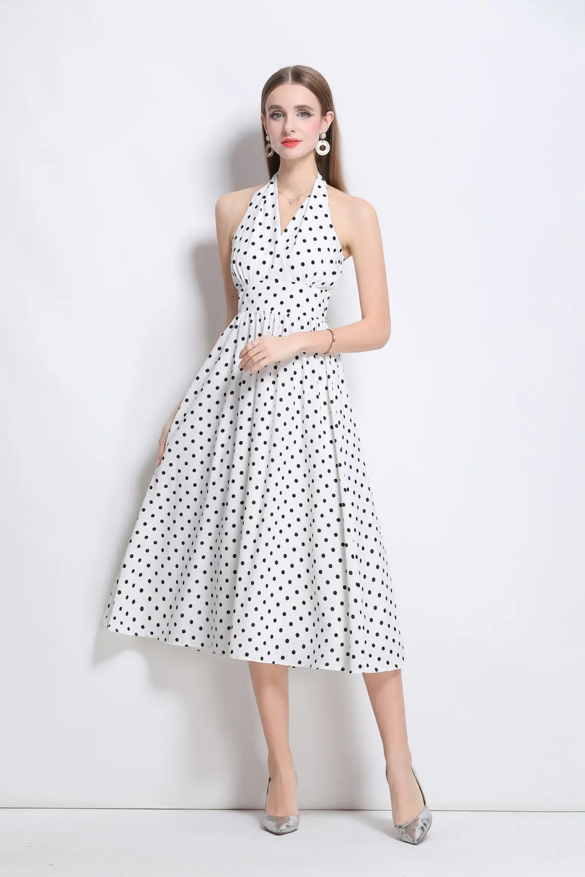 Price drop Polka Fitted Maxi Deadline-driven Dot Dress Vintage Halter Sleeveless