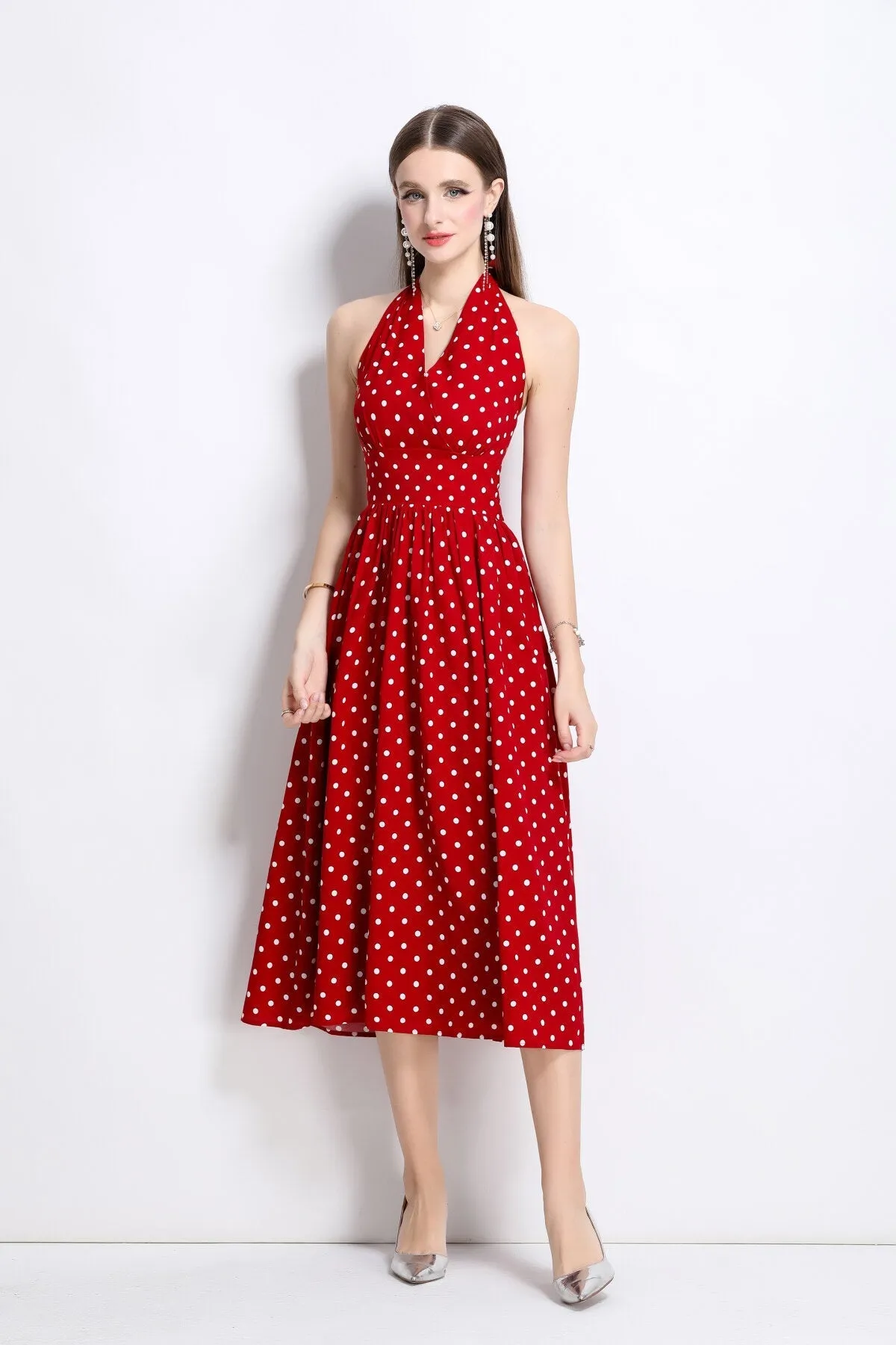 Price drop Polka Fitted Maxi Deadline-driven Dot Dress Vintage Halter Sleeveless