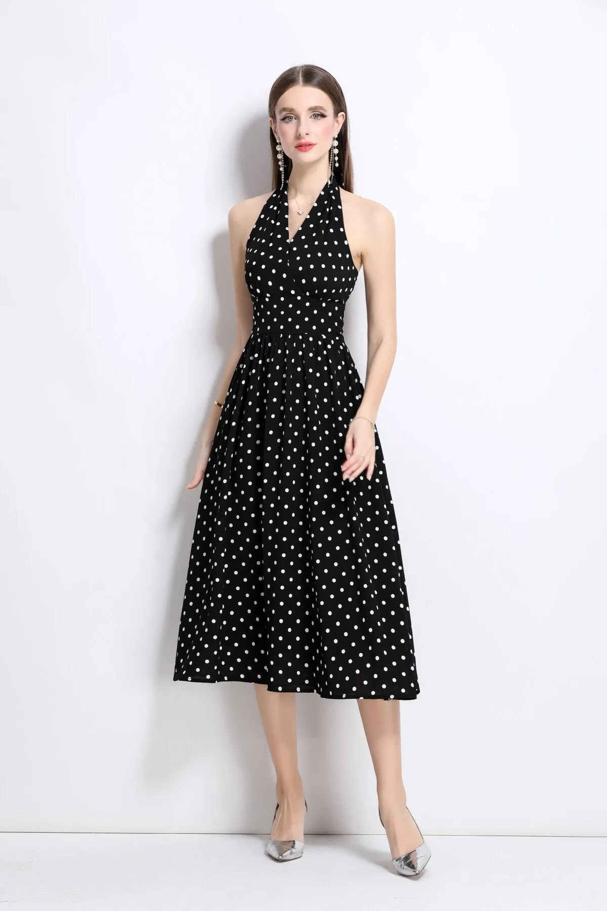 Price drop Polka Fitted Maxi Deadline-driven Dot Dress Vintage Halter Sleeveless