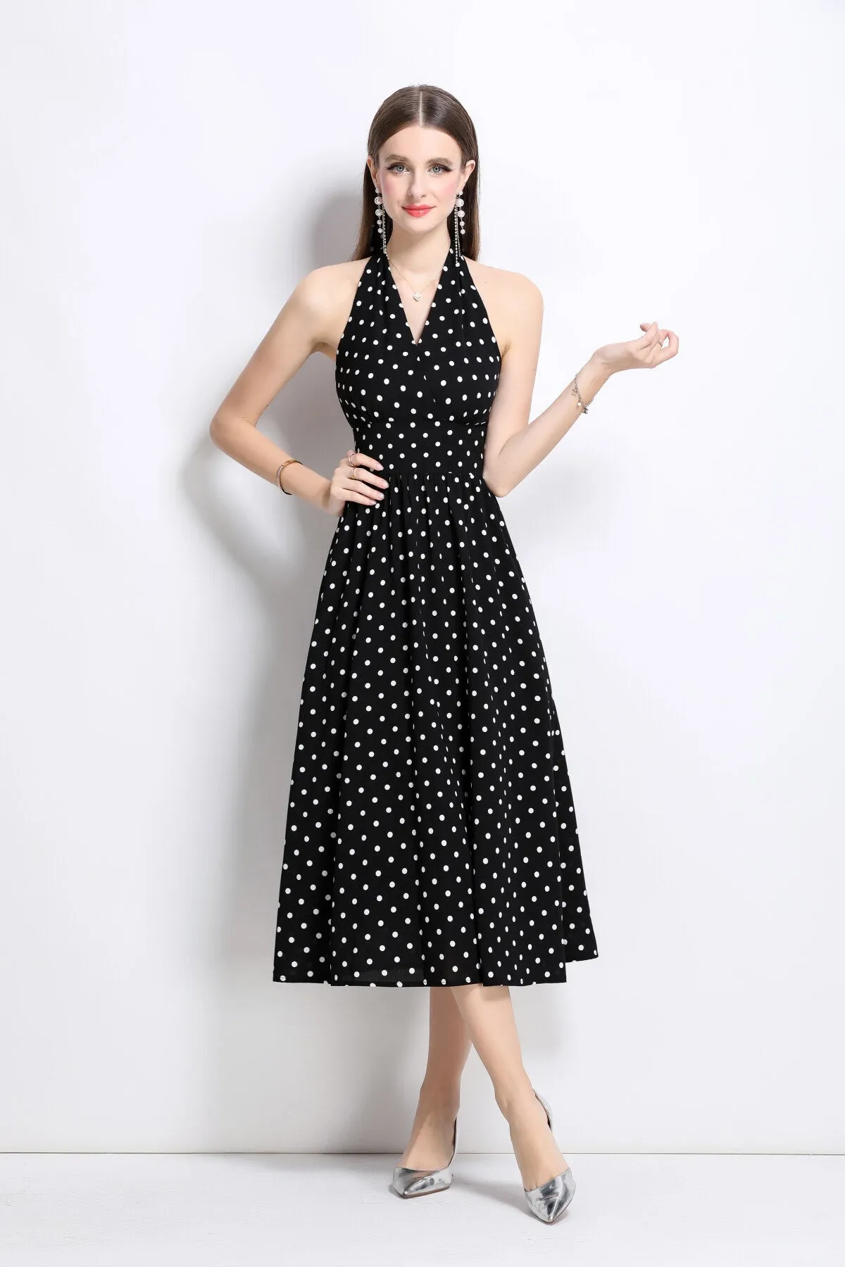Price drop Polka Fitted Maxi Deadline-driven Dot Dress Vintage Halter Sleeveless