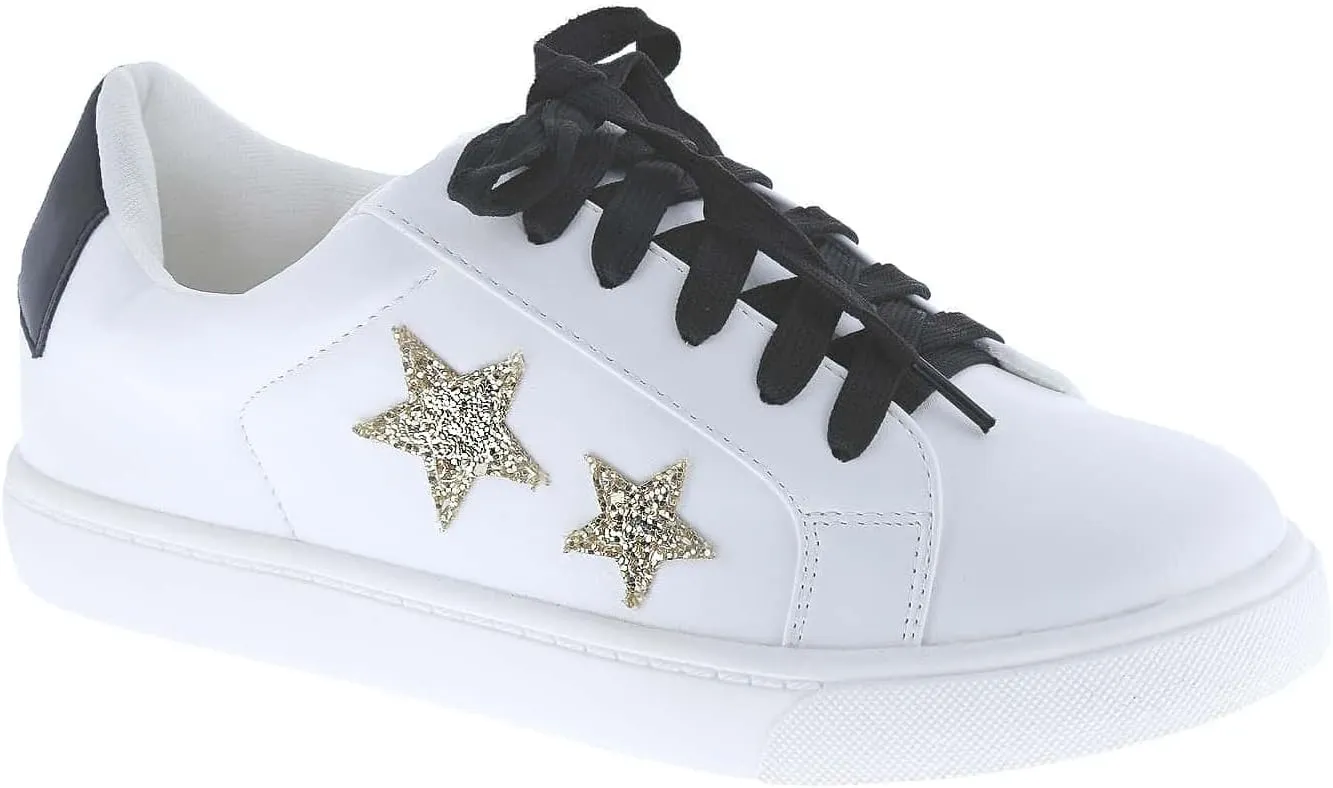 PU Leather Y2K Stylish White Tennis Shoes Slip On Platform Sneakers Star Embroidery Casual Lightweight Low Top for Women Everyday Walking School Travel Streetwear