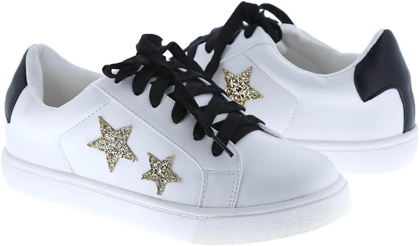 PU Leather Y2K Stylish White Tennis Shoes Slip On Platform Sneakers Star Embroidery Casual Lightweight Low Top for Women Everyday Walking School Travel Streetwear