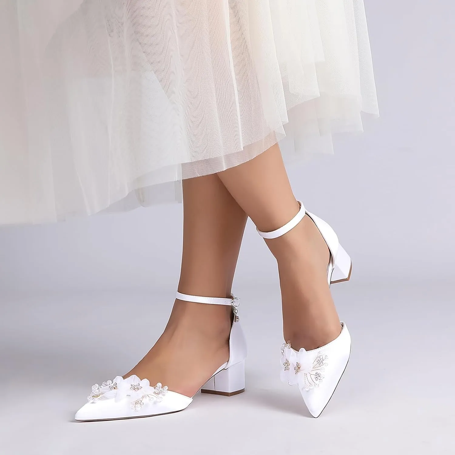 Pumps Heels Women Pointy Toe Wedding Sandals Closed Toe Heels for Women Bridal Shoes Block Heel Ankle Strap Elegant for Dressy Prom Shoes
