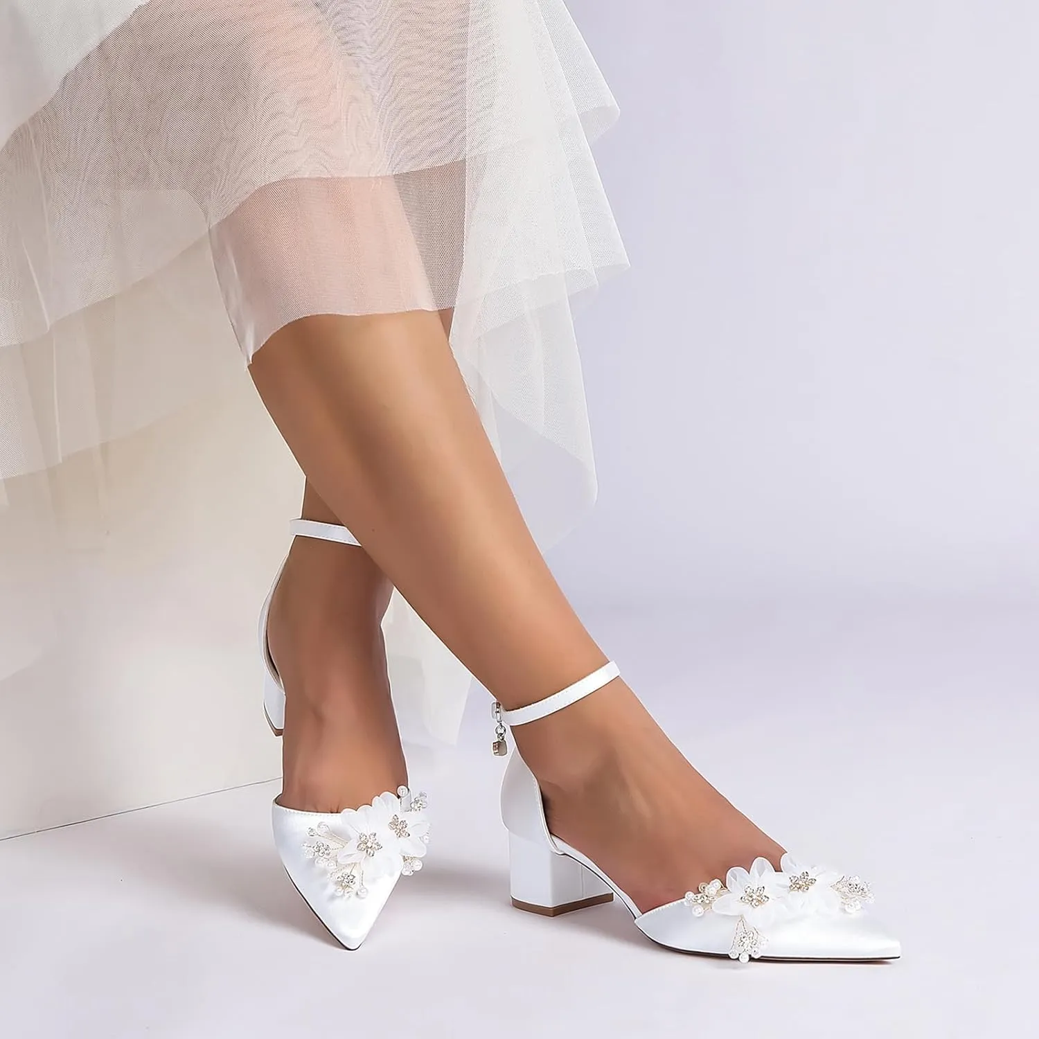 Pumps Heels Women Pointy Toe Wedding Sandals Closed Toe Heels for Women Bridal Shoes Block Heel Ankle Strap Elegant for Dressy Prom Shoes