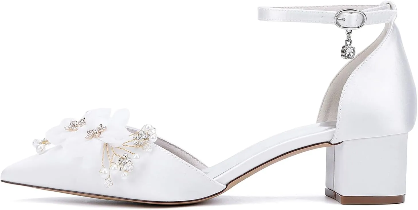 Pumps Heels Women Pointy Toe Wedding Sandals Closed Toe Heels for Women Bridal Shoes Block Heel Ankle Strap Elegant for Dressy Prom Shoes