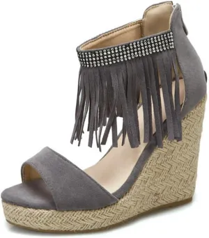 Purubylley Womens Espadrille Rhinestones Wedge Sandals Ankle Strap Platform Sandals Open Toe Tassels Wedges Lace Up Summer Casual Dress Shoes