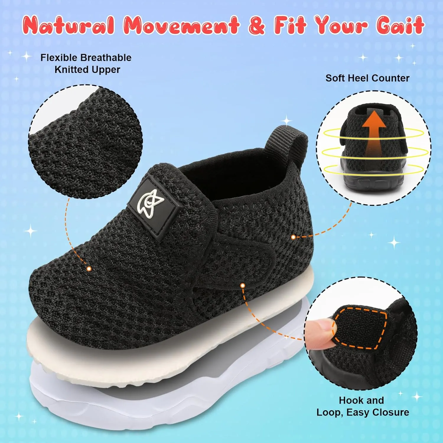 QFH Toddler Shoes Boys Girls Sneakers Comfy Barefoot Shoes Kids Adjustable Hook and Loop Walking Shoes Wide Toe Box Breathable Shoes