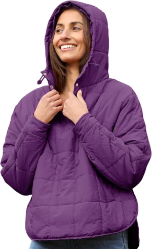 QIBABU Womens Oversized Hooded Puffer Jacket Lightweight Pullover Hoodies Quilted Dolman Long Sleeve Warm Winter Coat