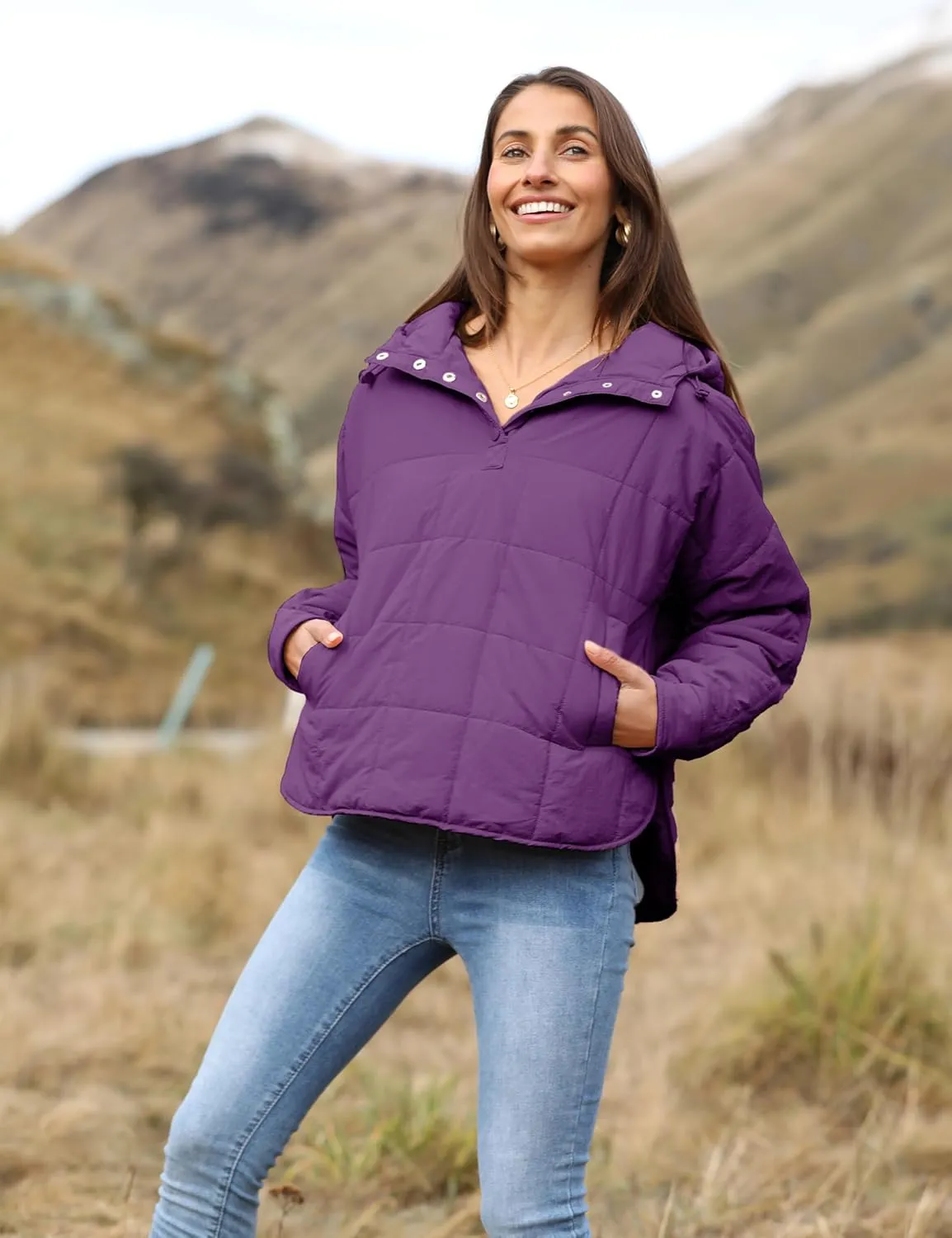 QIBABU Womens Oversized Hooded Puffer Jacket Lightweight Pullover Hoodies Quilted Dolman Long Sleeve Warm Winter Coat