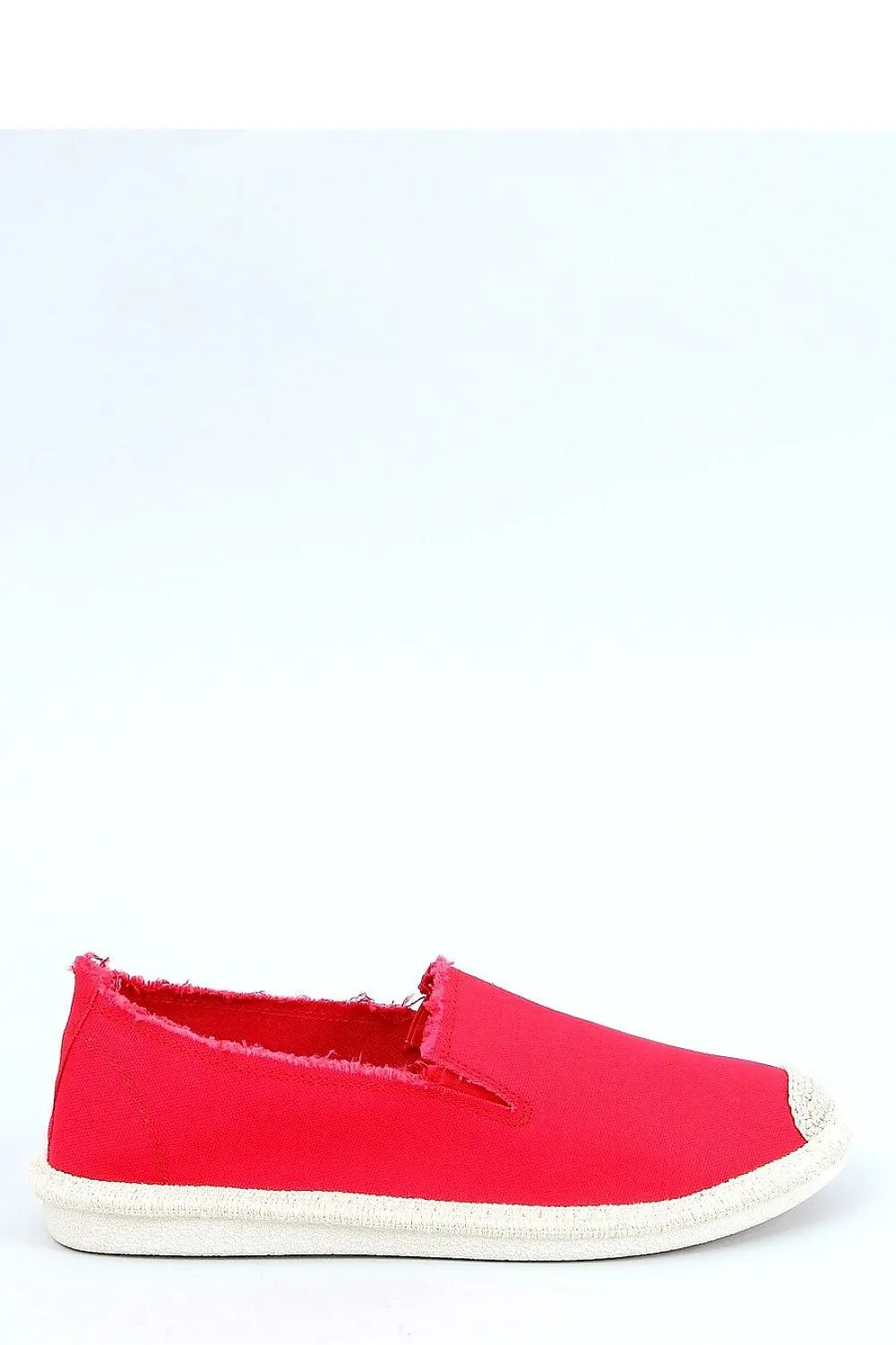 Red Canvas Slip-on Espadrilles with Frayed Edge Trim & White Rubber Sole
