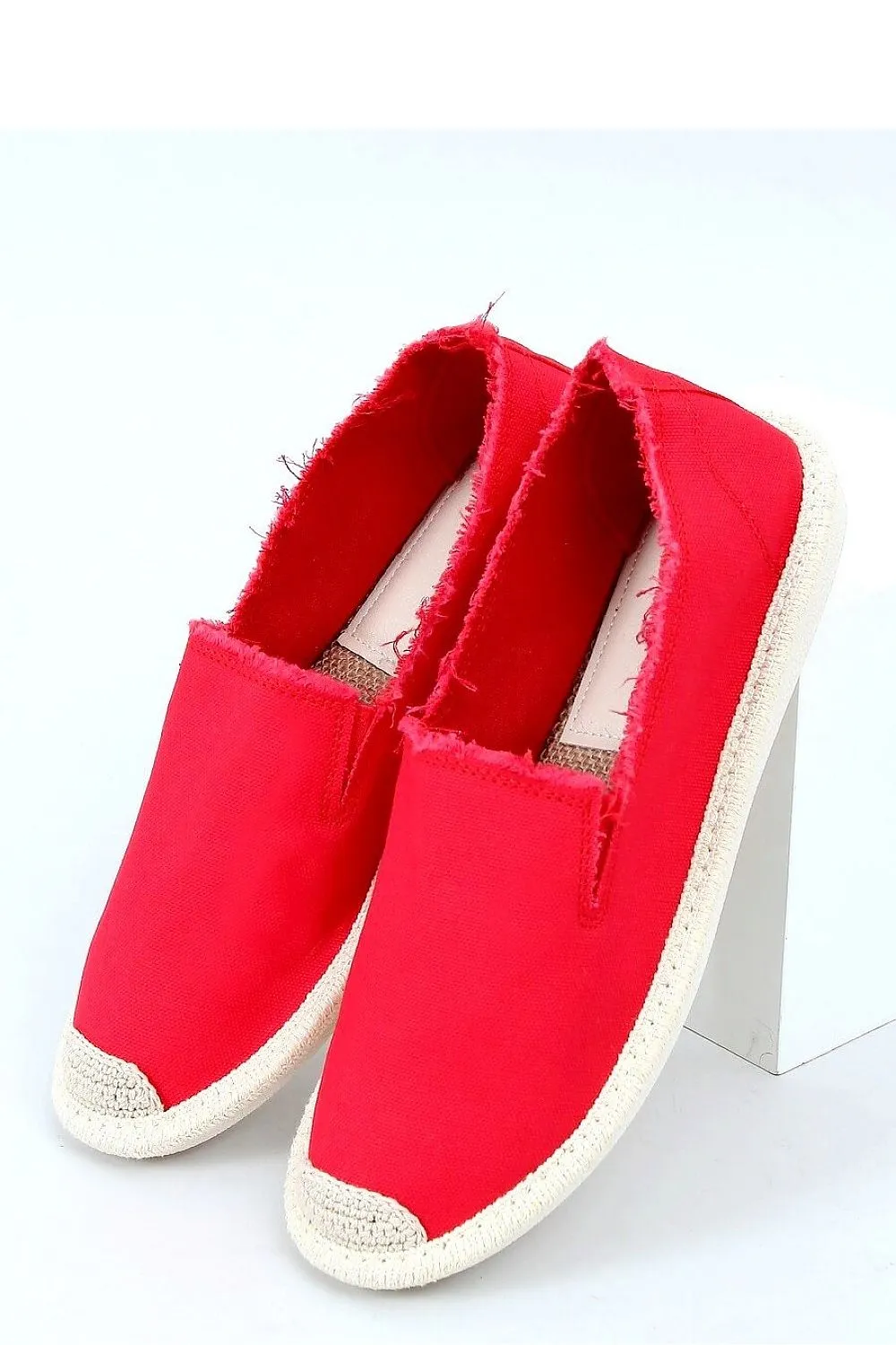 Red Canvas Slip-on Espadrilles with Frayed Edge Trim & White Rubber Sole