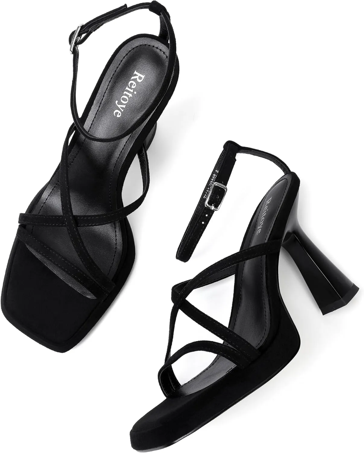 Reitoye Strappy Heels for Women Platform High Chunky Heels Square Open Toe Heeled Sandals Ankle Strap Block Heels