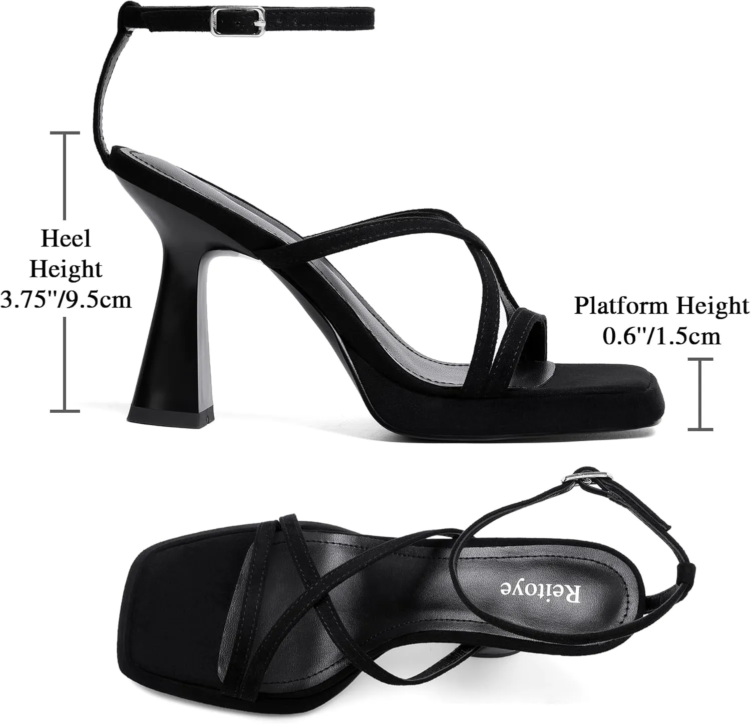 Reitoye Strappy Heels for Women Platform High Chunky Heels Square Open Toe Heeled Sandals Ankle Strap Block Heels