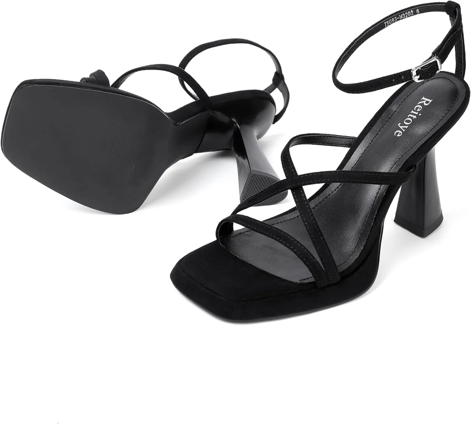 Reitoye Strappy Heels for Women Platform High Chunky Heels Square Open Toe Heeled Sandals Ankle Strap Block Heels