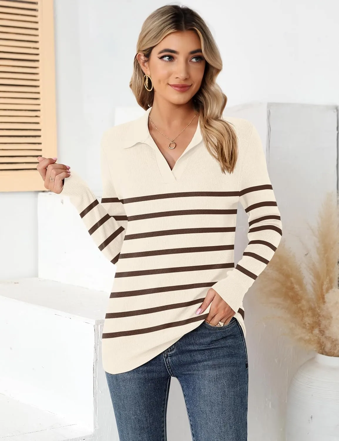 Romanstii Women's Knitted Collared Sweaters Long Sleeve V-Neck Polo Shirts Winter Pullover Tops