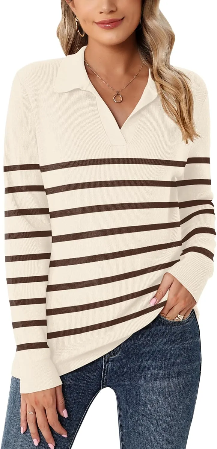 Romanstii Women's Knitted Collared Sweaters Long Sleeve V-Neck Polo Shirts Winter Pullover Tops