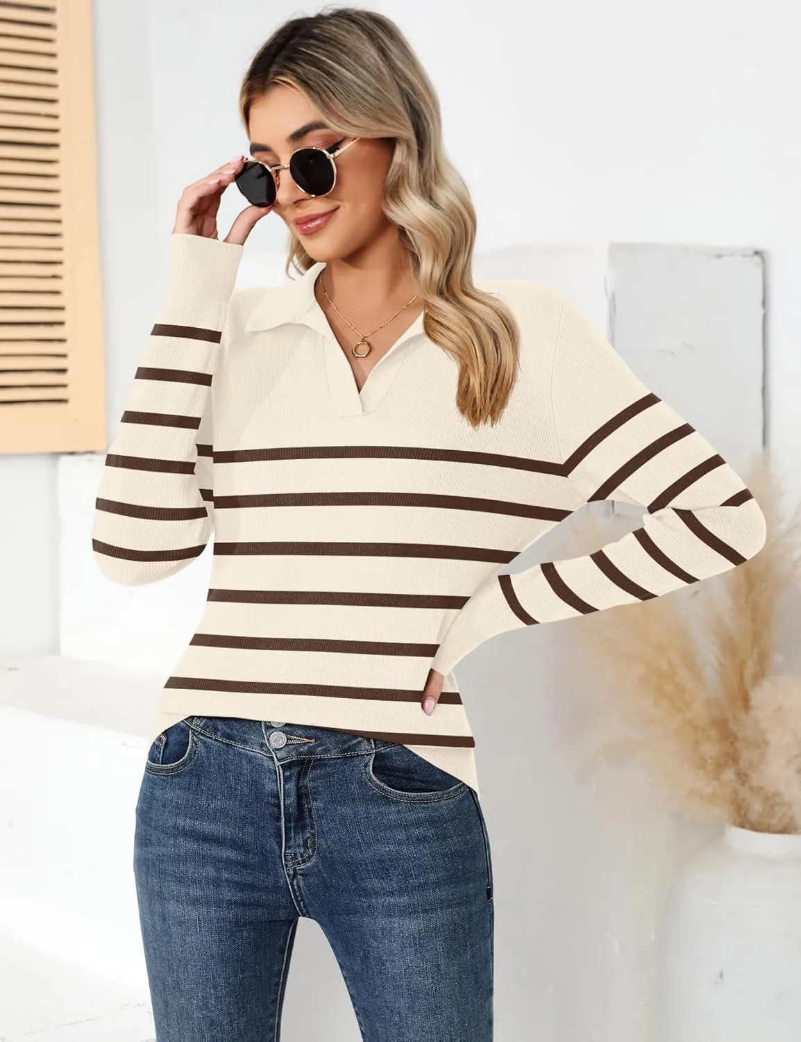 Romanstii Women's Knitted Collared Sweaters Long Sleeve V-Neck Polo Shirts Winter Pullover Tops