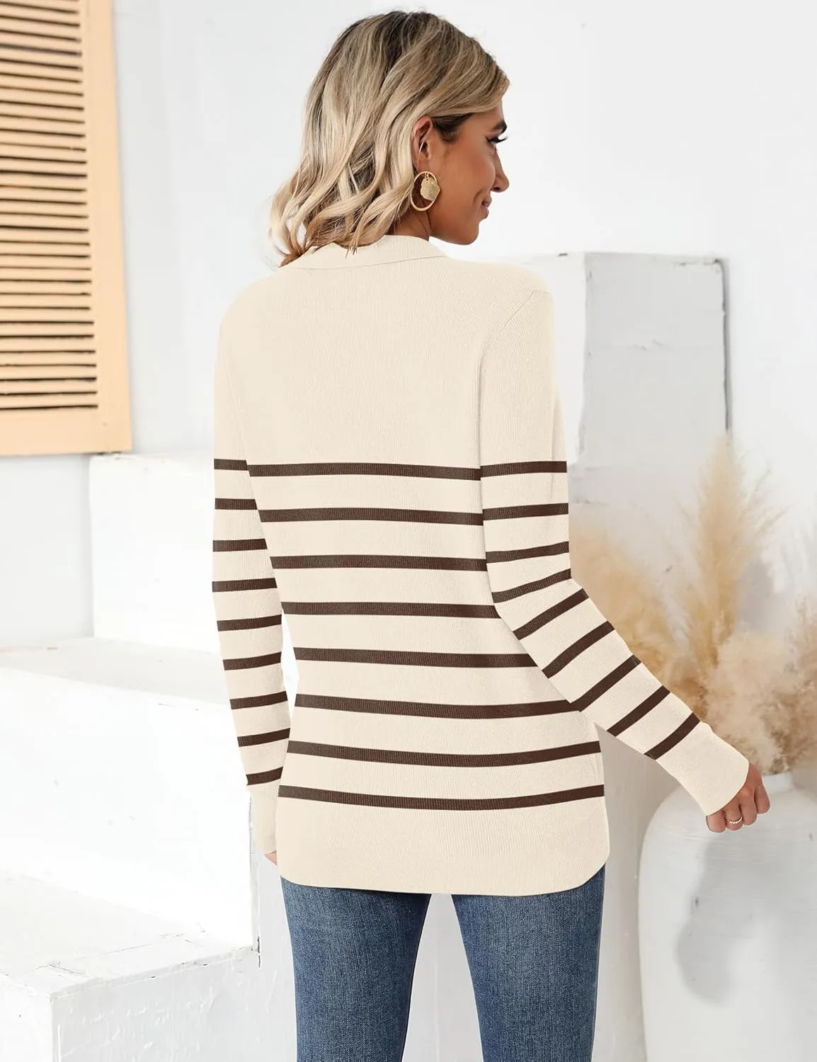 Romanstii Women's Knitted Collared Sweaters Long Sleeve V-Neck Polo Shirts Winter Pullover Tops