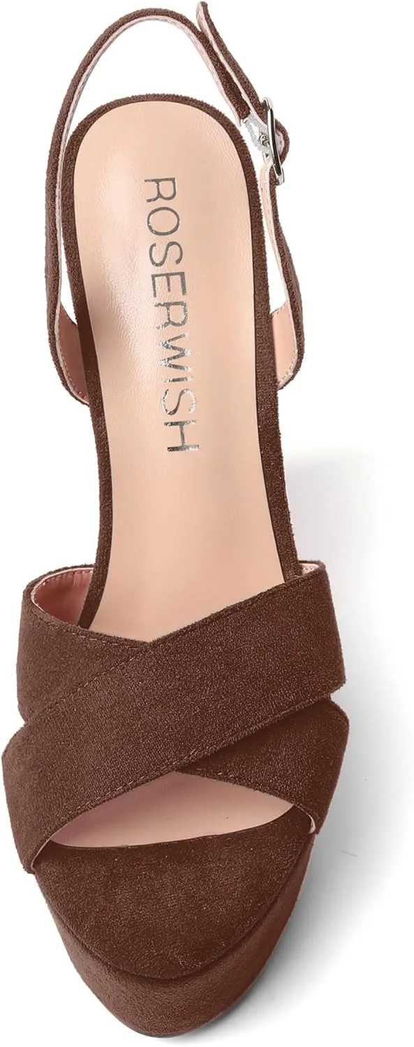 ROSERWISH Womens Round Toe Dressy Suede Buckle Platform Sexy Party Slingback Wedge High Heel Heeled Sandals 6 Inch