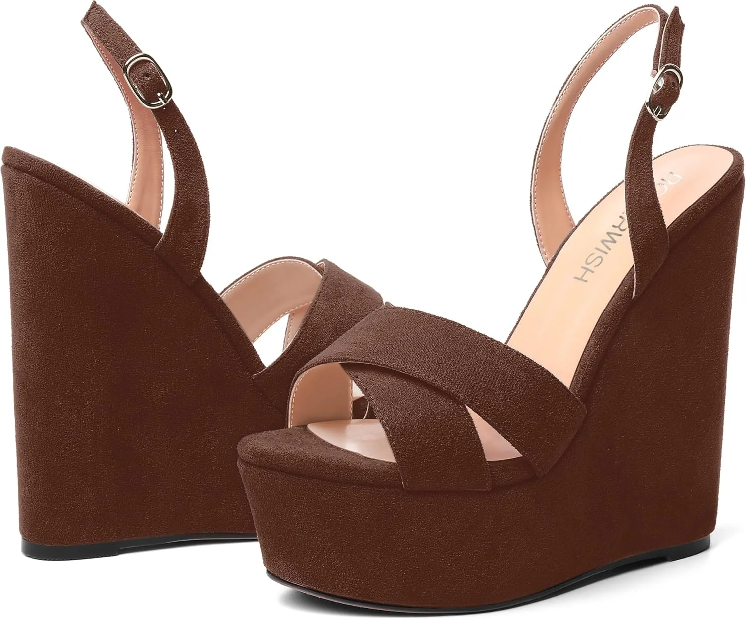 ROSERWISH Womens Round Toe Dressy Suede Buckle Platform Sexy Party Slingback Wedge High Heel Heeled Sandals 6 Inch